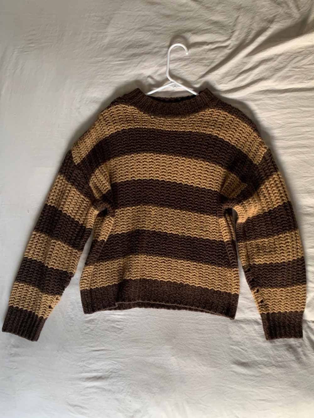 Striped Chunky Knit Crewneck Sweater Brown Tan Small/Medium Cozy Fall Winter
